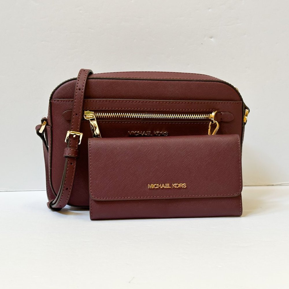 Michael Kors Jet Set Item Large Chain Crossbody Bag + Trifold Wallet Set Merlot